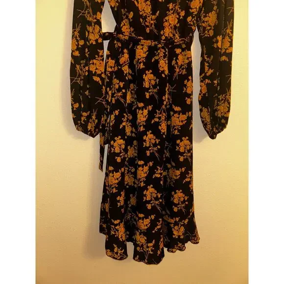 C+D+M Boho Preppy Professional Old Money Black & Gold Floral Wrap Dress - Picture 11 of 14